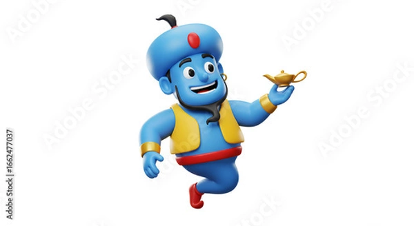 Fototapeta A cheerful 3D cartoon genie character with a golden lamp on a white background