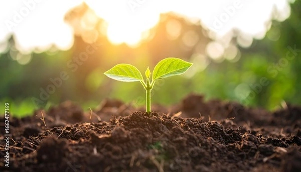 Fototapeta Small sprout emerges from dark soil, backlit by warm sunset