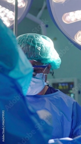 Fototapeta Surgeons in operating room, illuminated by surgical lights, performing a procedure