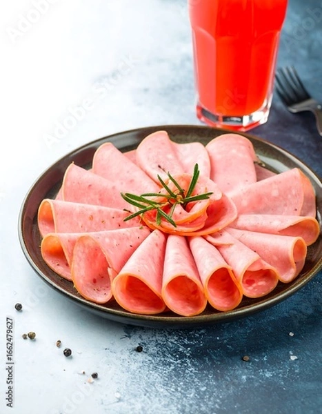 Fototapeta Thinly sliced deli meat arranged on a dark plate, garnished with rosemary, next to a glass of juice