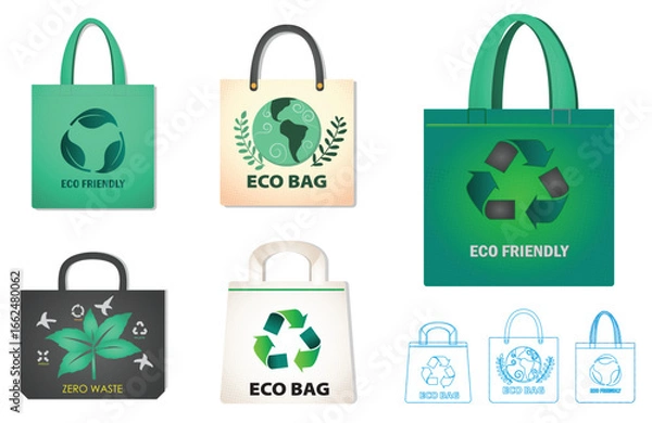 Fototapeta Set illustration of Eco-Friendly Shopping Bags for Sustainable Supermarket Promotions