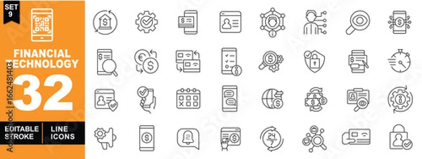 Fototapeta Financial Technology line icon set. Vector pictograms of QRcode, recycle, gear, phone, profile, network, worker, search, exchange, card, stopwatch, hand, calendar, chat, globe, money. Editable stroke