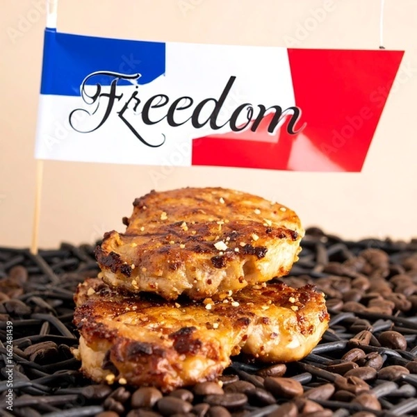 Fototapeta Two grilled patties, glistening with gold flakes, rest on dark coffee beans, beneath a small flag with "Freedom" inscribed