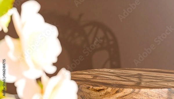 Fototapeta Wooden display platform with blurred flowers and shadow