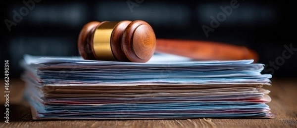 Fototapeta Close-up of a wooden gavel resting on a stack of colorful documents and papers