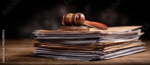 Fototapeta Close-up of a wooden gavel resting on a stack of papers in a dimly lit setting
