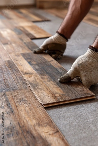 Fototapeta Close-up of a worker installing wooden flooring with a trowel and measuring tape