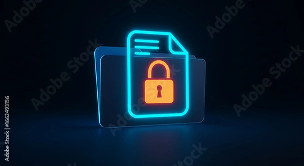 Fototapeta Data Encryption Concept: A neon illuminated folder featuring an encrypted document, representing data protection and information security in digital age.