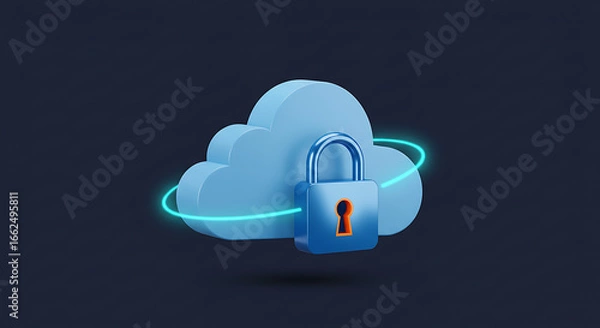 Fototapeta Cloud Security: A vivid illustration of a secure cloud environment, symbolized by a robust padlock intertwined with a digital cloud.