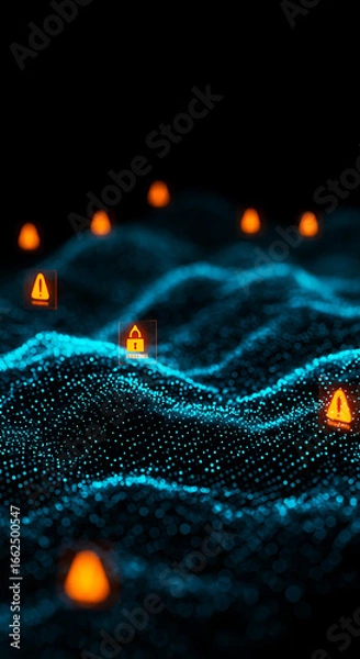 Fototapeta Cybersecurity Abstract: An artistic rendering depicts the concept of cybersecurity with glowing, orange alert icons and locked symbols scattered across a dynamic, textured blue digital landscape.