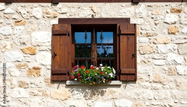 Fototapeta Rustic stone wall with wooden window shutters and flowers