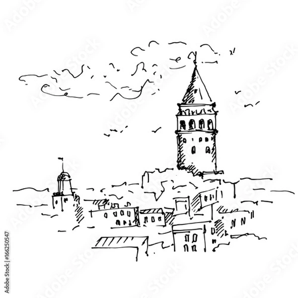 Obraz Galata Tower. Hand drawn Istanbul, famous turkish landmark. Sketch, vector illustration. 