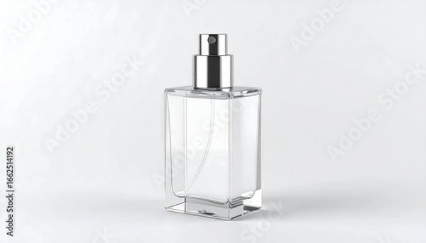 Fototapeta A sleek and elegant clear glass perfume bottle with a silver atomizer, presented as a cosmetic product mockup on a pristine white background