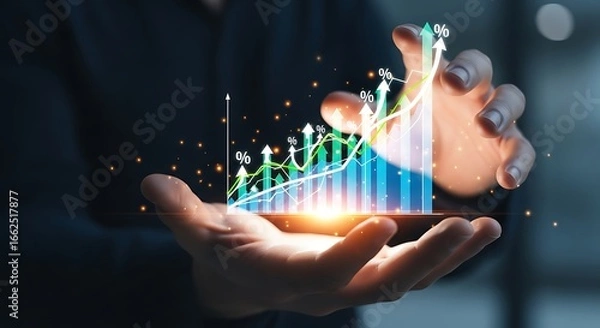 Fototapeta Hand Holding a Rising Financial Graph with Percentage Symbols and Sparkles