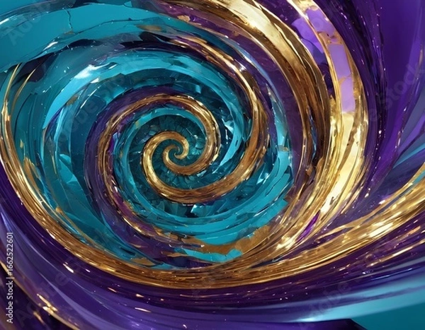 Fototapeta Abstract Spiral Vortex with Golden, Purple, and Teal Metallic Swirls