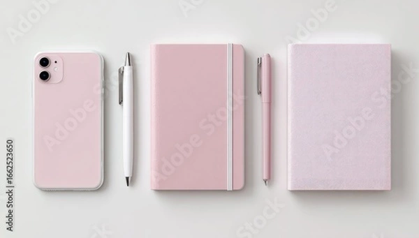 Fototapeta Pink smartphone, notebooks, and pens on white background
