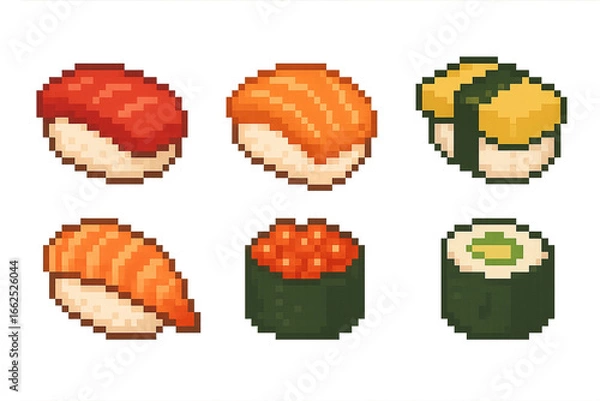 Obraz 寿司 日本食 和食 ピクセルアート ドット絵 ネタ 握り寿司 軍艦巻き 巻き寿司 刺身 ご飯 グルメ 食べ物 食事 魚介類 和風 定番 伝統 おいしい マクロ サーモン 卵 エビ イクラ かっぱ巻き 