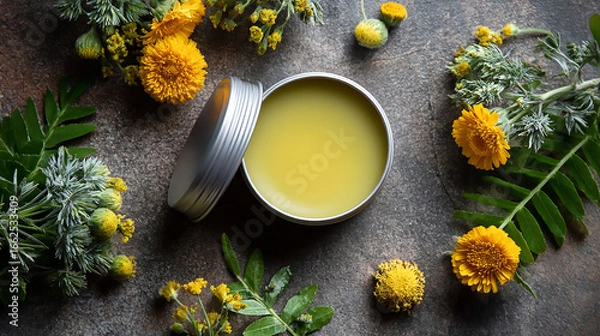Obraz Calendula Healing Balm in Tin: Herbal Remedy Product Photography