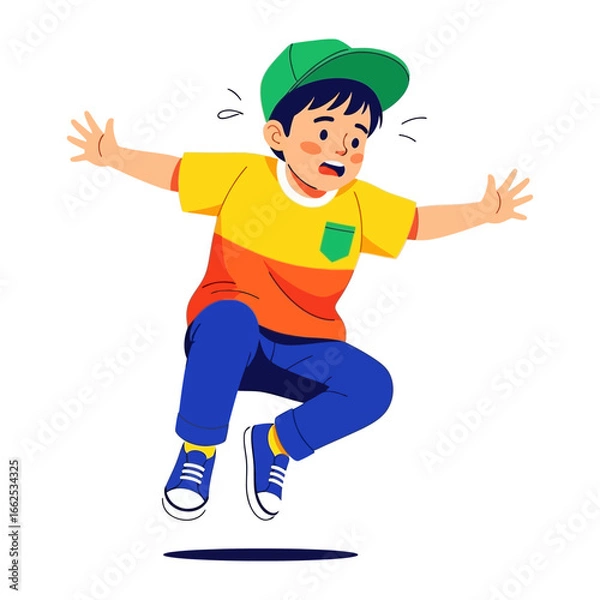 Fototapeta Joyful leap: A young boy is captured mid-air, in a joyful leap that captures the essence of childhood innocence. With arms outstretched and a playful expression.