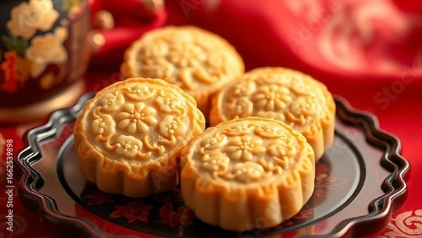 Obraz Traditional mooncakes on a lacquered tray with floral patterns, symbolizing Chinese cultural heritage.
