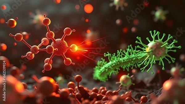 Obraz Glowing molecular structures battling abstract bacteria in a microscopic scientific scene.