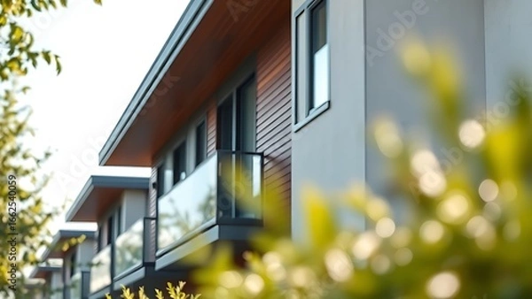 Obraz Modern housing facade with clean lines and blurred greenery in the foreground.