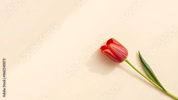 Obraz Single red tulip on a beige textured background, captured in a minimalist flat lay composition.