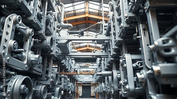 Obraz Precisely arranged industrial metal components forming geometric patterns under overhead workshop lighting.