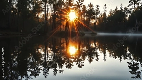 Obraz Tranquil forest reflected on a mirror-like water surface under golden sunlight.