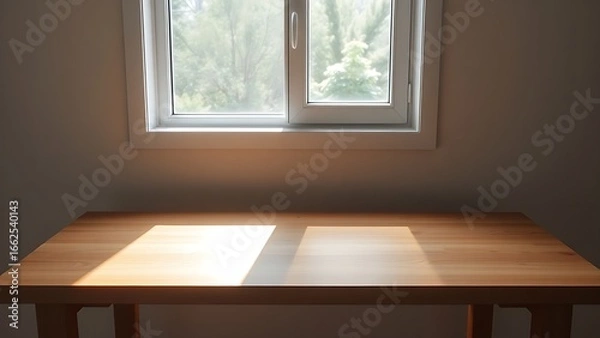 Obraz Minimalist wooden desk bathed in morning sunlight, offering a clean and inspiring workspace.