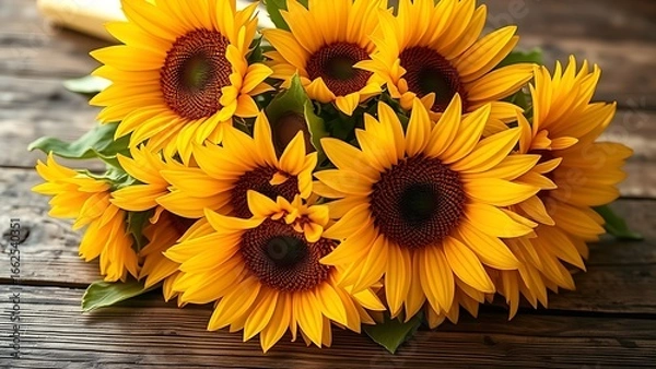 Obraz A rustic wooden surface holds a sunflower bouquet glowing with warm golden backlight.