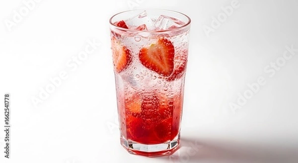 Fototapeta Refreshing strawberry sparkling water with ice cubes in a clear glass on white background