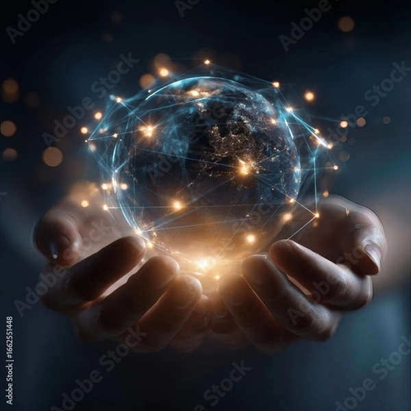 Fototapeta Hands embracing luminous network globe, futuristic connections, AI-driven future, blockchain innovation, fintech solutions, global commerce, cybersecurity security, cloud data transfer, machine 