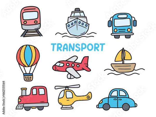 Fototapeta Set of icons with Transportation theme. With doodle style. For layout, website, graphic design.	