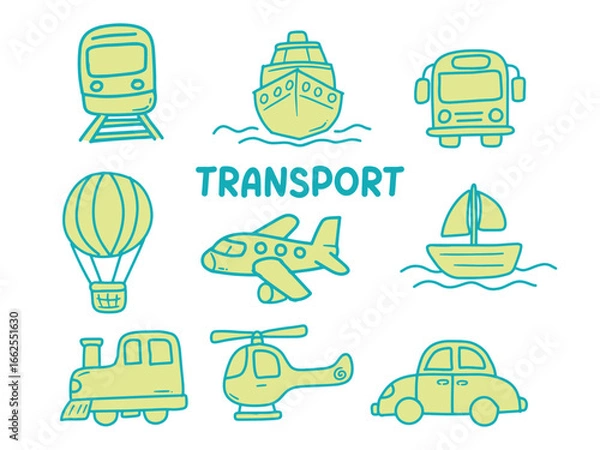 Fototapeta Set of icons with Transportation theme. With doodle style. For layout, website, graphic design.	