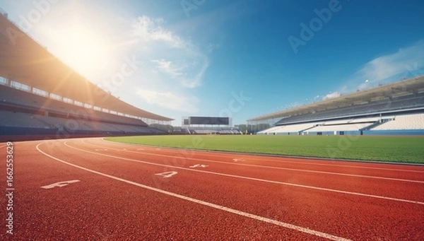 Fototapeta Empty red athletics track and grass field inside a stadium with bright sun