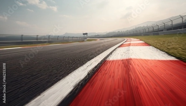 Fototapeta Motion blurred racing circuit corner with red white kerb and distant mountains