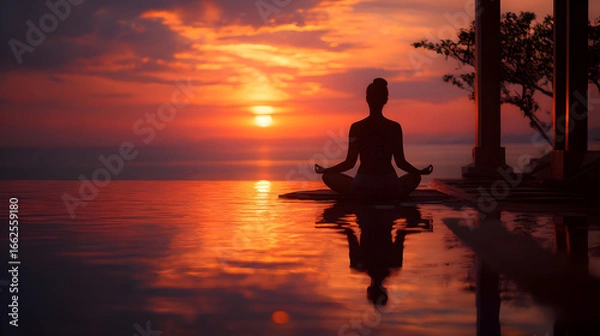 Obraz Woman Meditating at Sunset by the Ocean