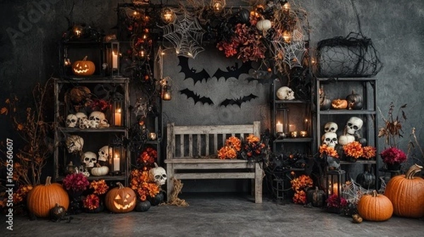 Fototapeta A Halloween-themed room with pumpkins, bats, and spider webs.
