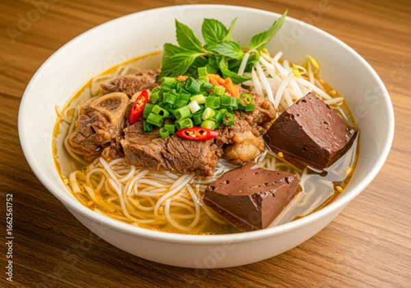Fototapeta Aromatic and spicy Bun Bo Hue, a classic Vietnamese beef noodle soup, with tender beef, pig blood, and fresh herbs.