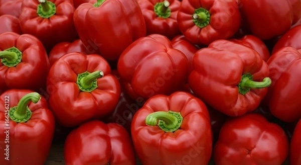 Fototapeta Vibrant Red Bell Peppers: A Close-Up of Fresh, Glossy Produce with Green Stems