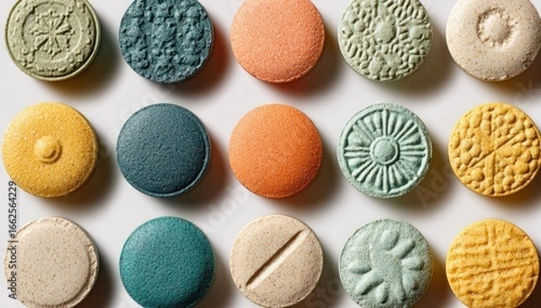 Fototapeta Assorted colorful pills arranged in a grid pattern on a white background.  Various textures and designs on the pill surfaces