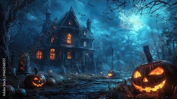 Fototapeta A spooky, haunted house with jack-o-lanterns and bats in a dark, moonlit night.