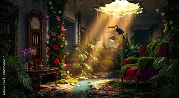 Fototapeta Nature Reclaiming Abandoned Room with Toucan and Flowing River