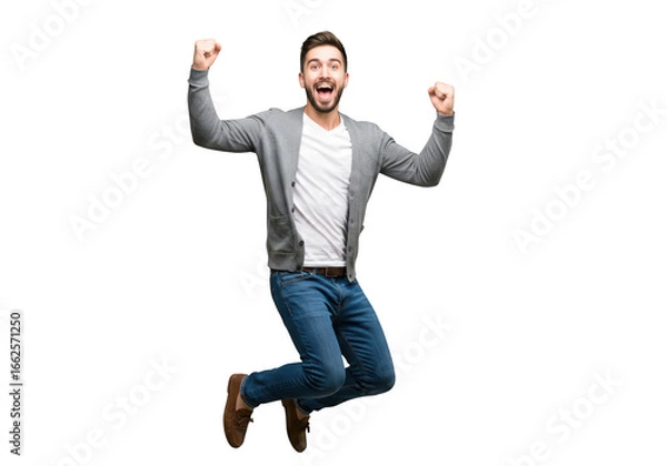 Fototapeta Excited caucasian man jumping for joy and celebrating success, isolated on transparent background