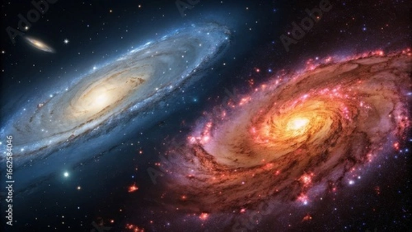 Fototapeta Two majestic spiral galaxies interacting in the vastness of deep space