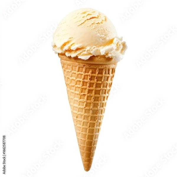 Fototapeta Vanilla ice cream scoop in a waffle cone against a white background (1)