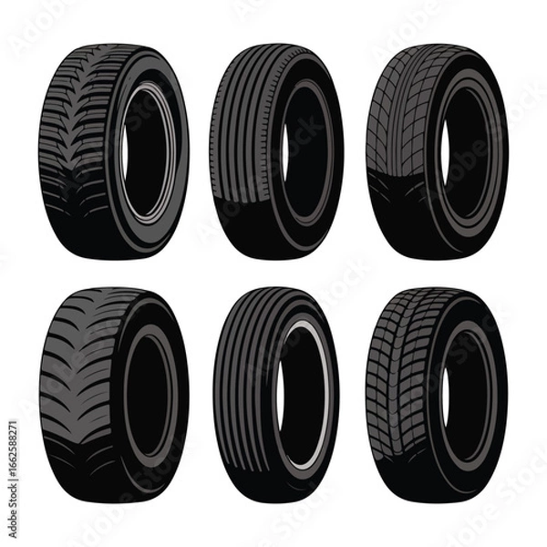 Fototapeta Six different car tire illustrations with various tread patterns on white background wheel