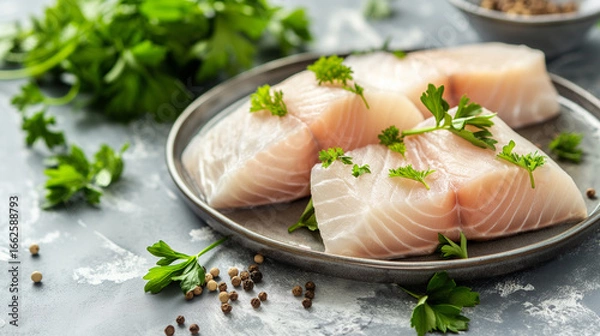 Fototapeta Postas de bacalhau cru com salsa em um prato
