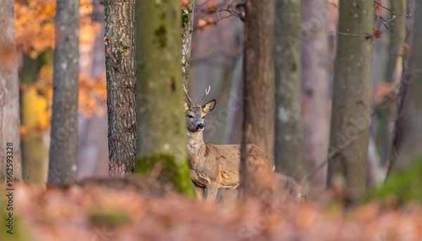 Fototapeta A deer stands in a forest bathed in autumnal light